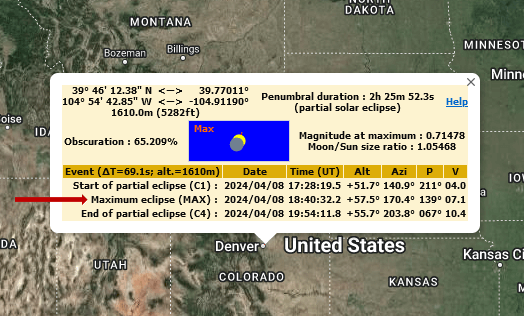 solar eclipse data for Denver on map