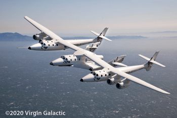 WhiteKnightTwo and SpaceShipTwo fly over the San Francisco Bay courtesy Virgin Galactic